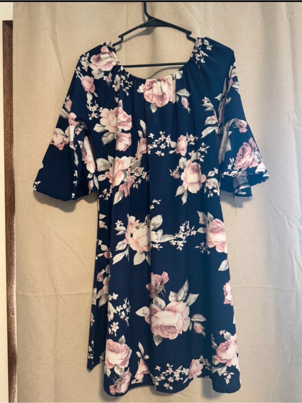 Floral Off-Shoulder Black Dress with Pink Rose Print
